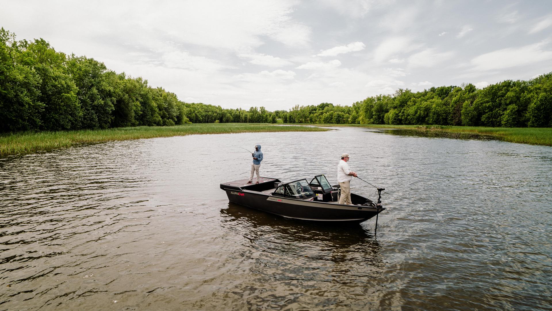 Two anglers fishing on a 2025 Alumacraft Trophy 