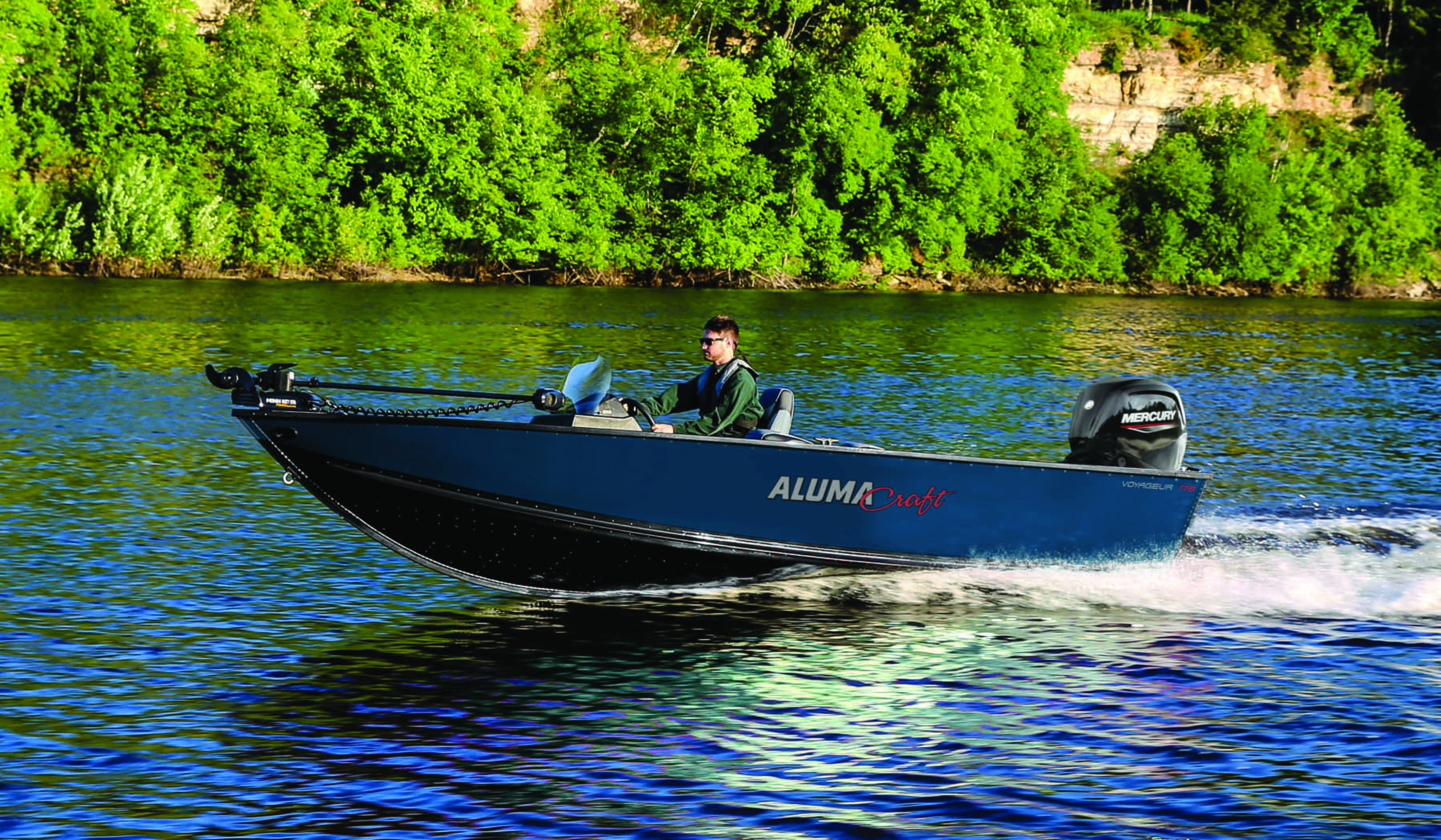 Men driving a blue Aluminum boat