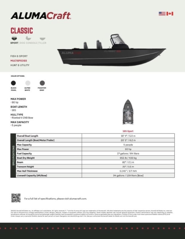 Classic 165 Sport specification sheet